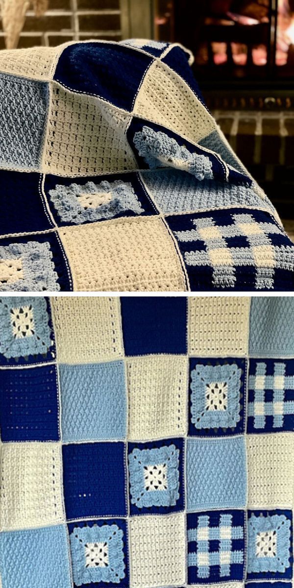 A modern blue and white crochet blanket drapes elegantly over a fireplace.