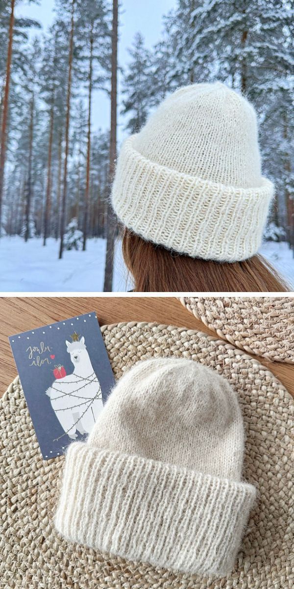 Two pictures of a woman wearing knitted hats in the snow.