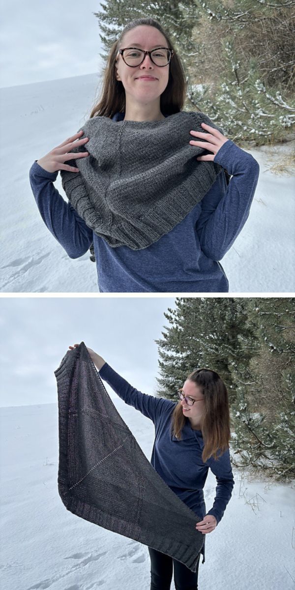 Two pictures of a woman holding a knitted shawl in the snow.