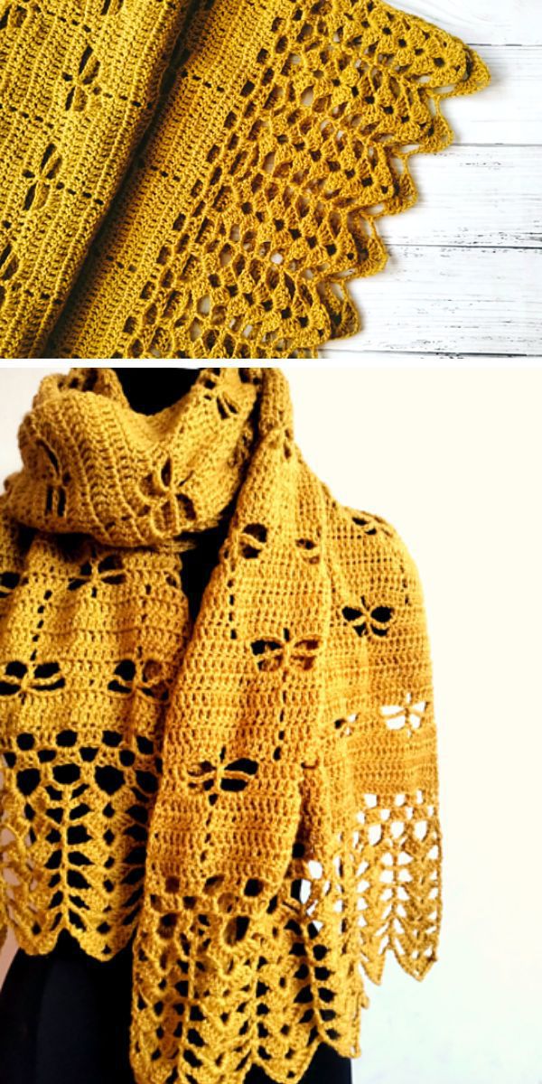 Two pictures of a yellow crocheted shawl scarf.