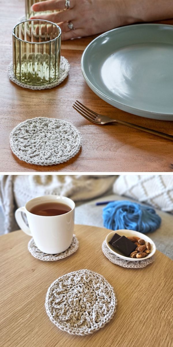 Flower crocheted coasters with a cup of tea on a table.