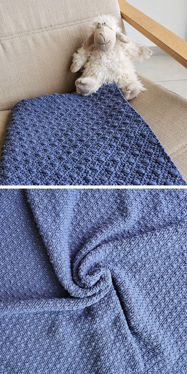 A blue bobble blanket with a teddy bear on it.