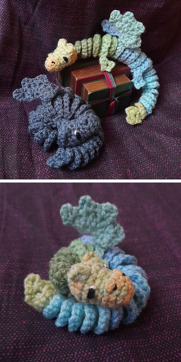 Two pictures of a crochet dragon perched on top of a book.