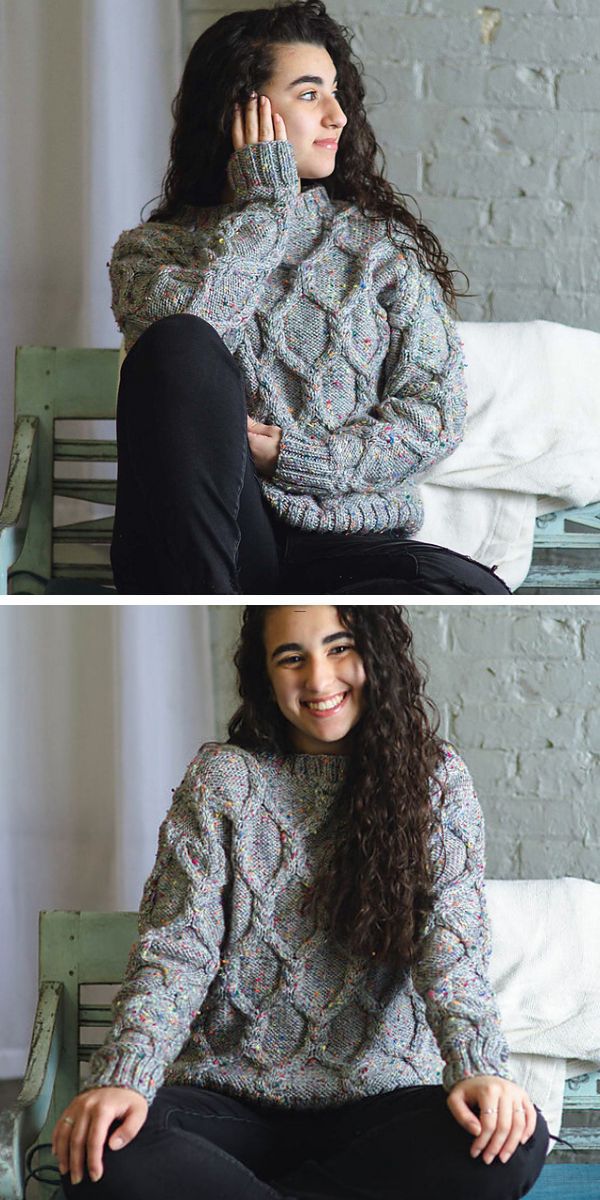 A woman wearing a cozy knitted sweater is captured in two pictures as she relaxes on a bench.