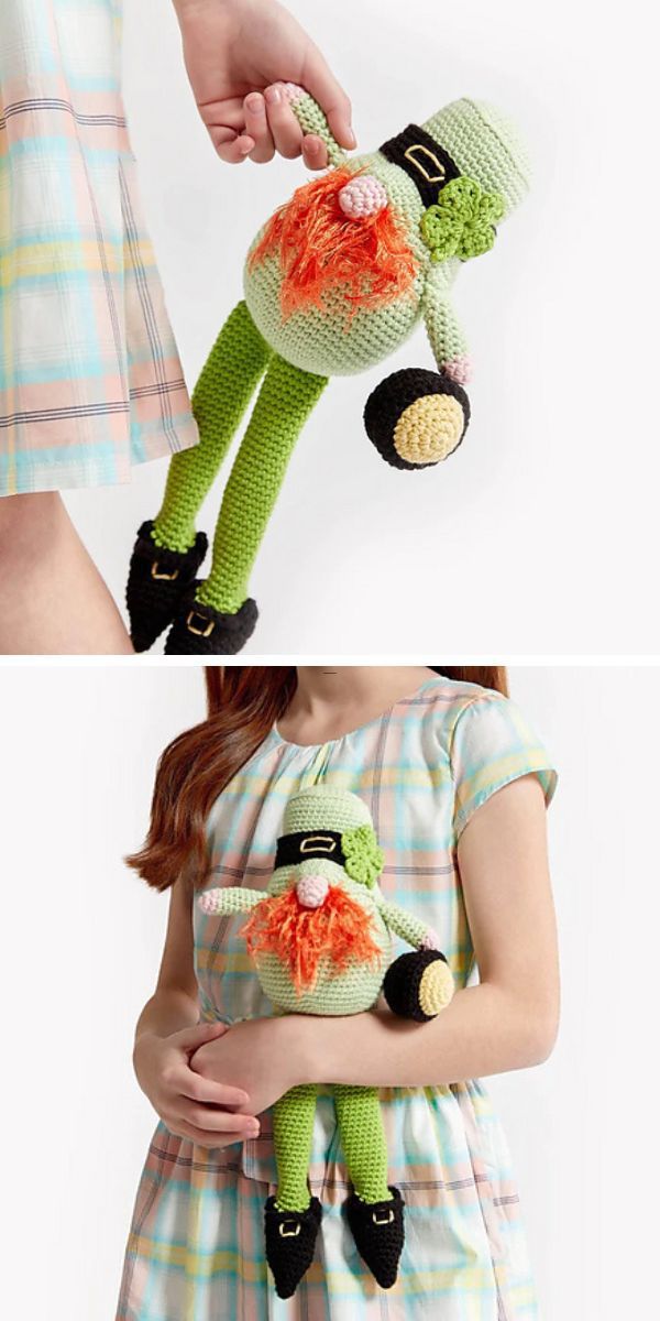 Two pictures of a girl holding a crocheted stuffed animal, an adorable amigurumi gnome.