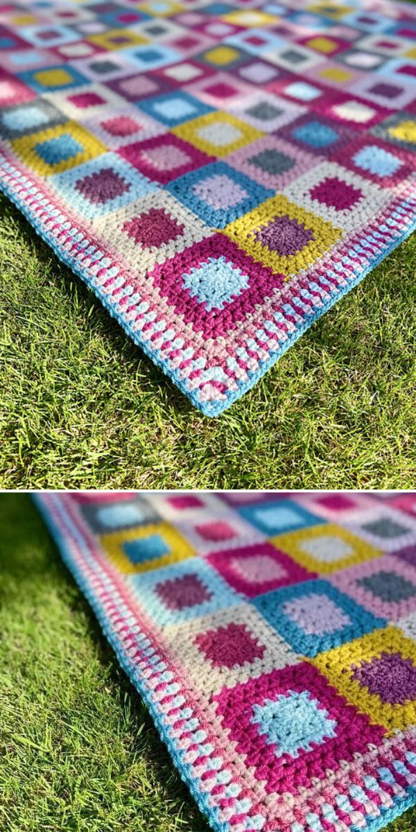 Two pictures of a crocheted rug on the grass.