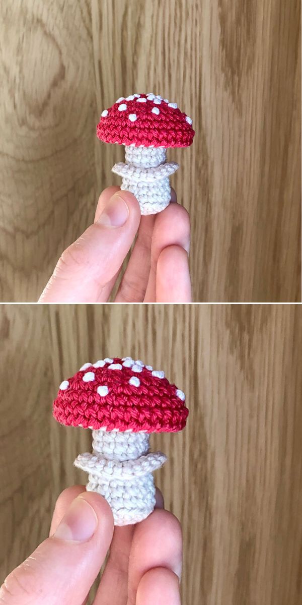 A person is holding a crocheted mushroom.