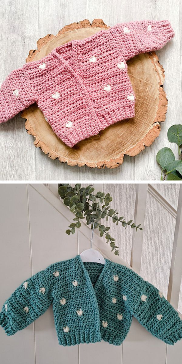 Two pictures of crocheted sweaters, adorned with delicate crochet hearts, hanging on a wooden board.