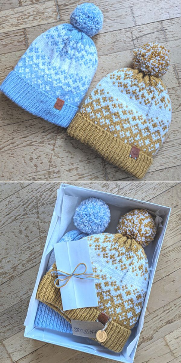         Two pictures of knitted hats inside a box.