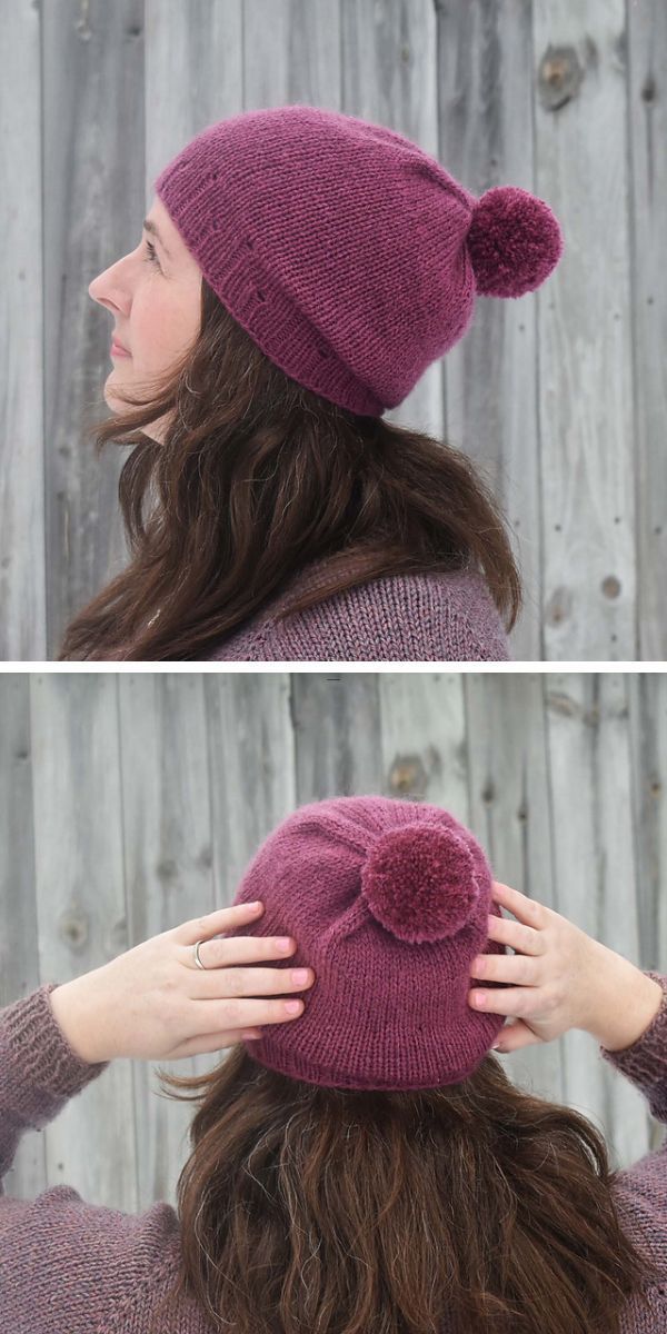 Two pictures of a woman wearing a purple knitted hat with pom poms.