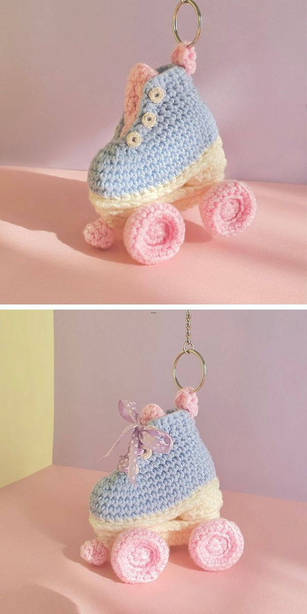 A pair of crochet roller skates on a key chain.