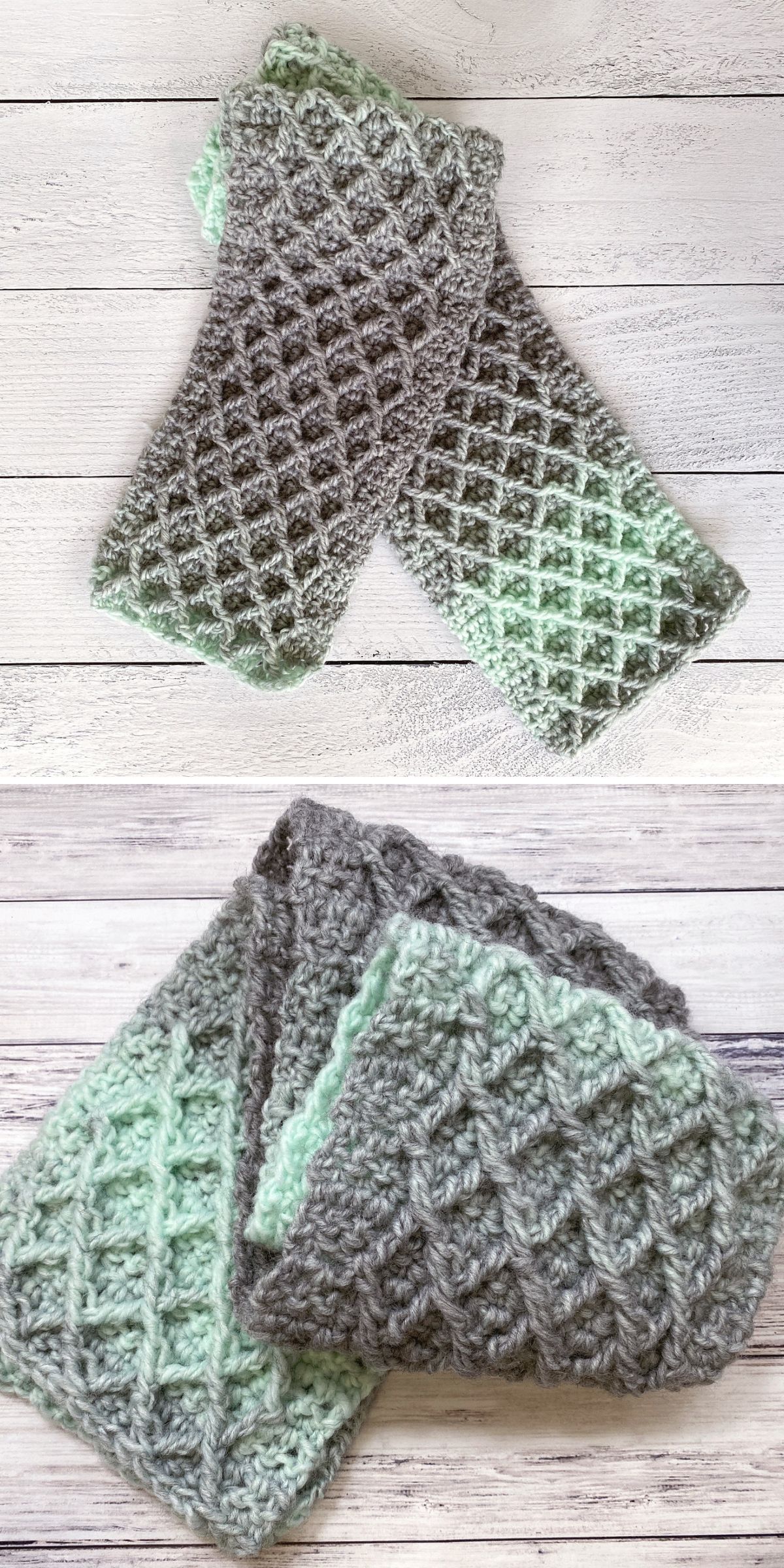 crochet diamond stitch scarf in grey and light green