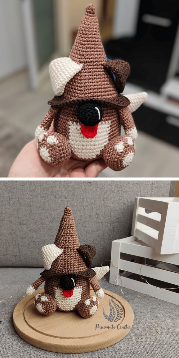 Two pictures of a crocheted amigurumi gnome wearing a hat.
