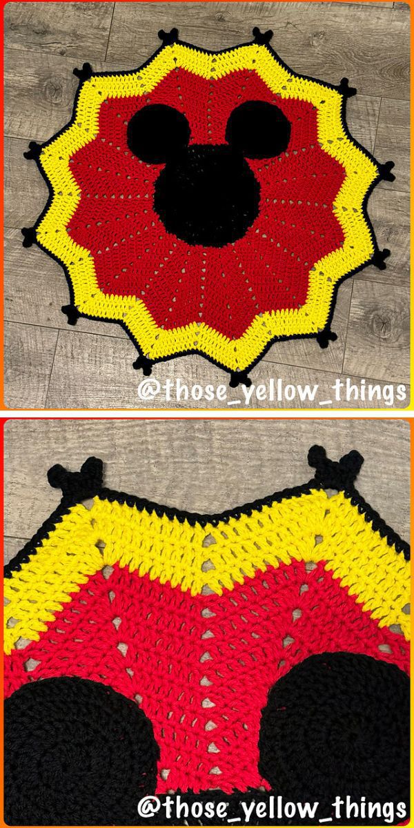 Crocheted Mickey Mouse blanket with red, yellow stripes.