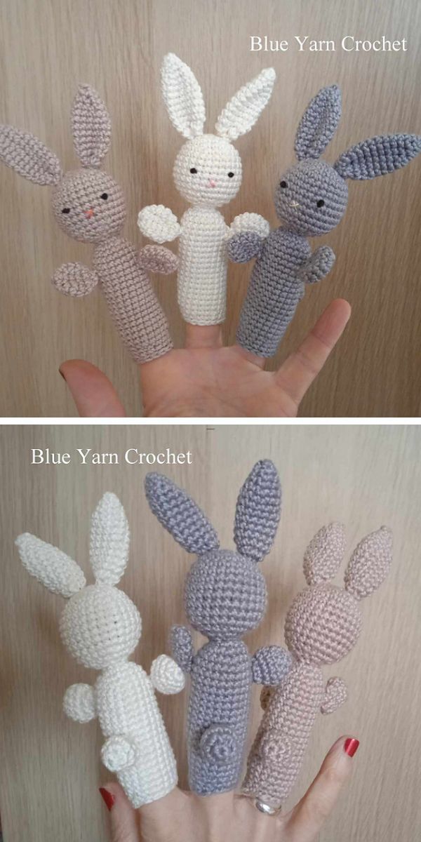 Blue yarn crochet bunny baby toys.