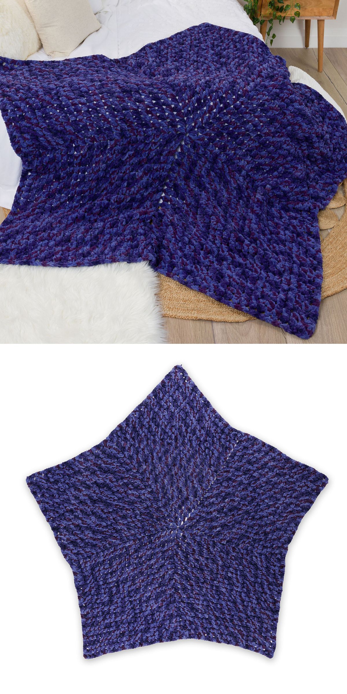 a blue crochet baby blanket shaped like a star