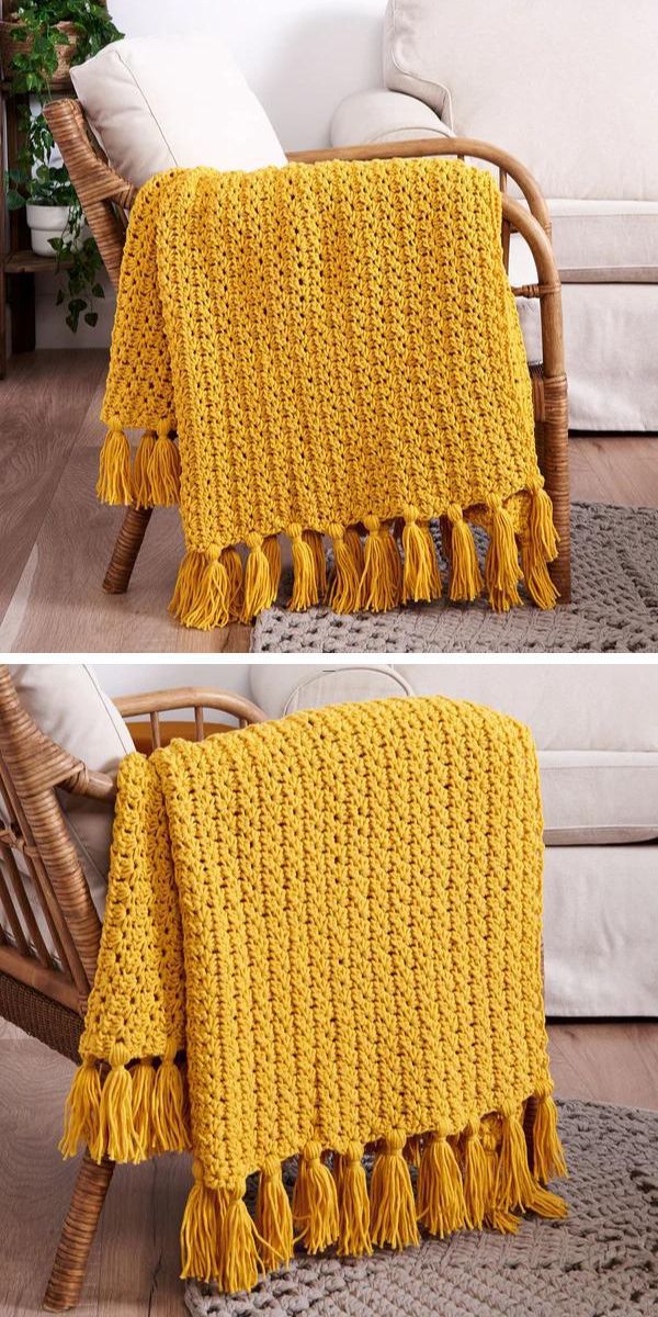 Two pictures of a yellow crocheted blanket with tassels.
