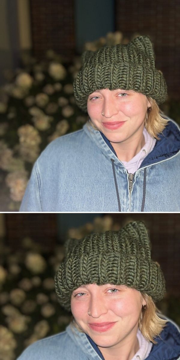 Two pictures showcasing a woman donning stylish knitted hats.