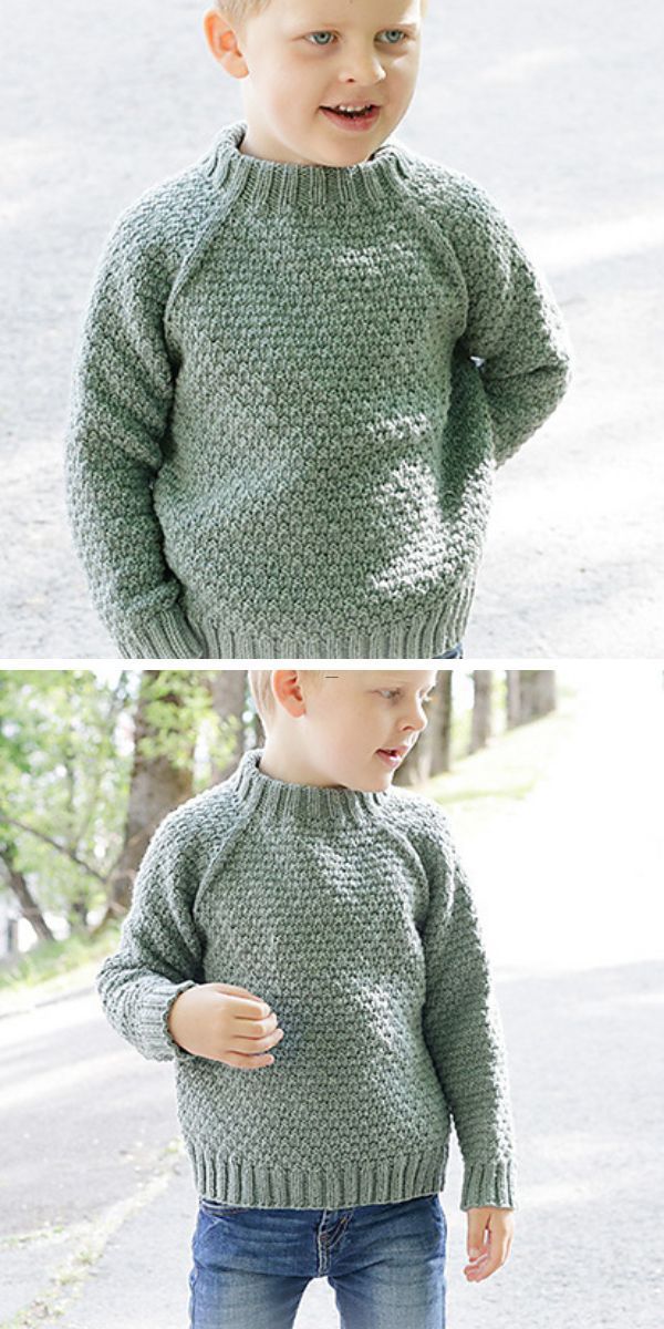 Two pictures of a little boy wearing a green knitted baby sweater.