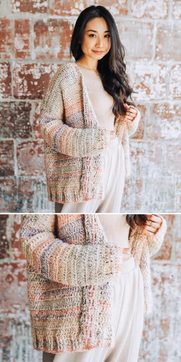 A woman wearing a long knitted cardigan.