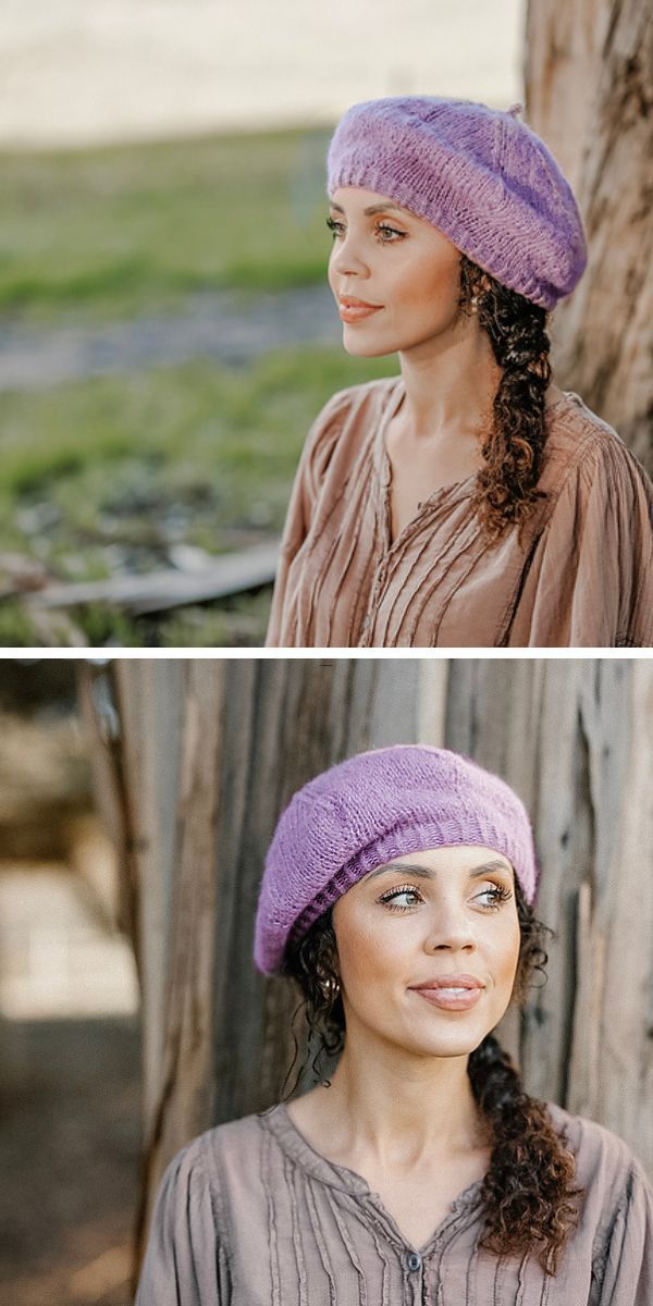 Two pictures of a woman wearing a purple knitted hat.