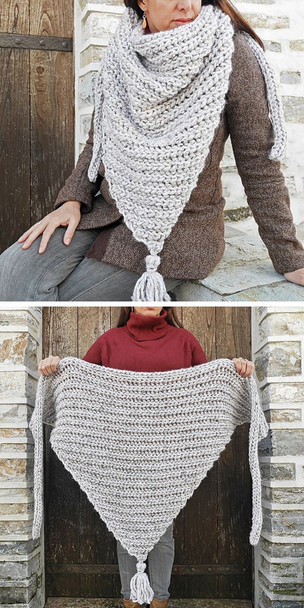 Two pictures of a woman wearing crocheted winter accessories, including a shawl.