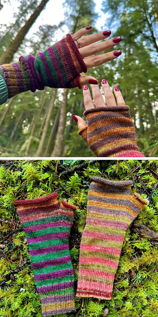A pair of knitted fingerless mittens in different colors.