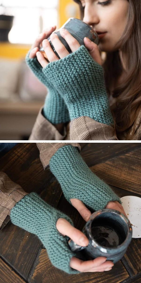 A woman is holding a cup of coffee and knitting fingerless mitts.