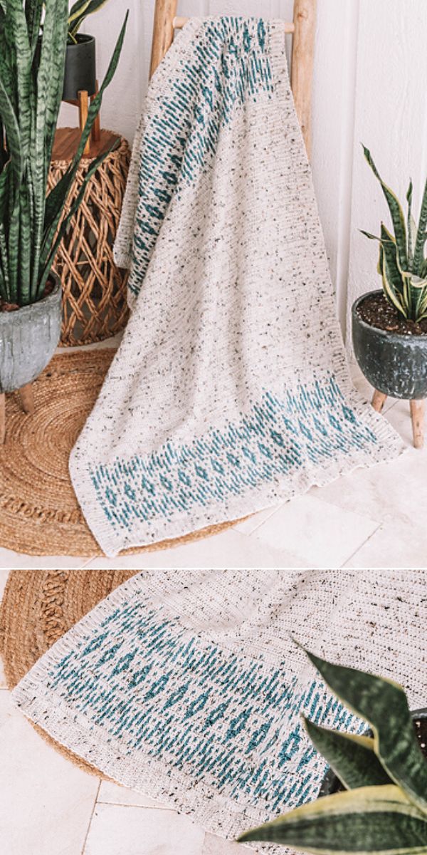 Two pictures of a crochet blanket with a plant on top.