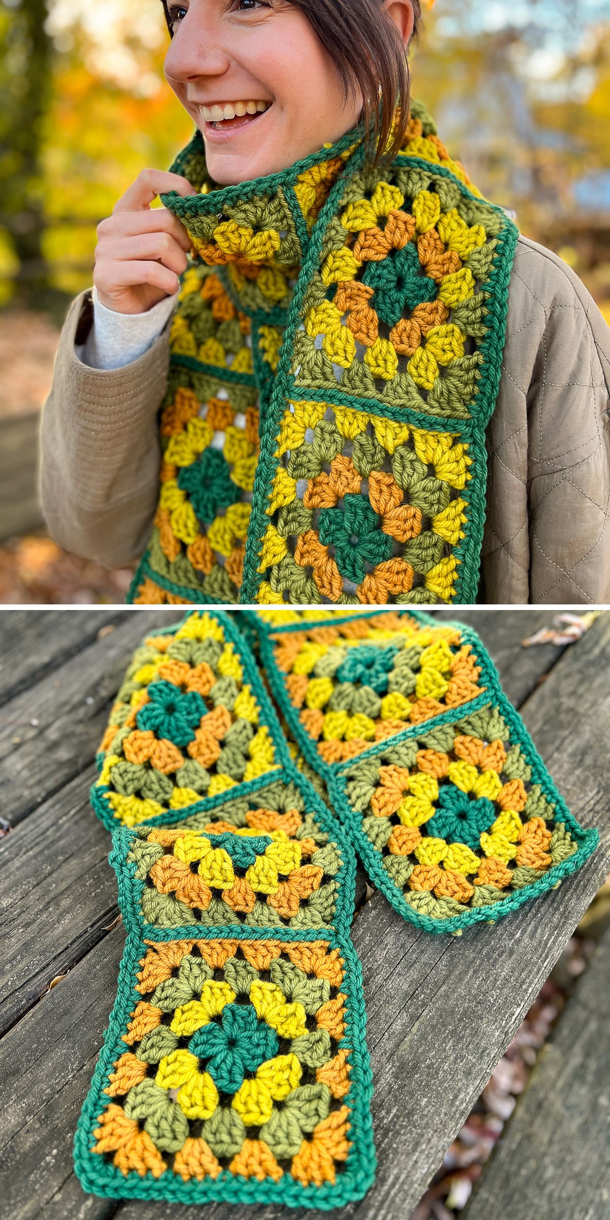 a bright - green, orange, and yellow - chunky crochet scarf made with granny squares