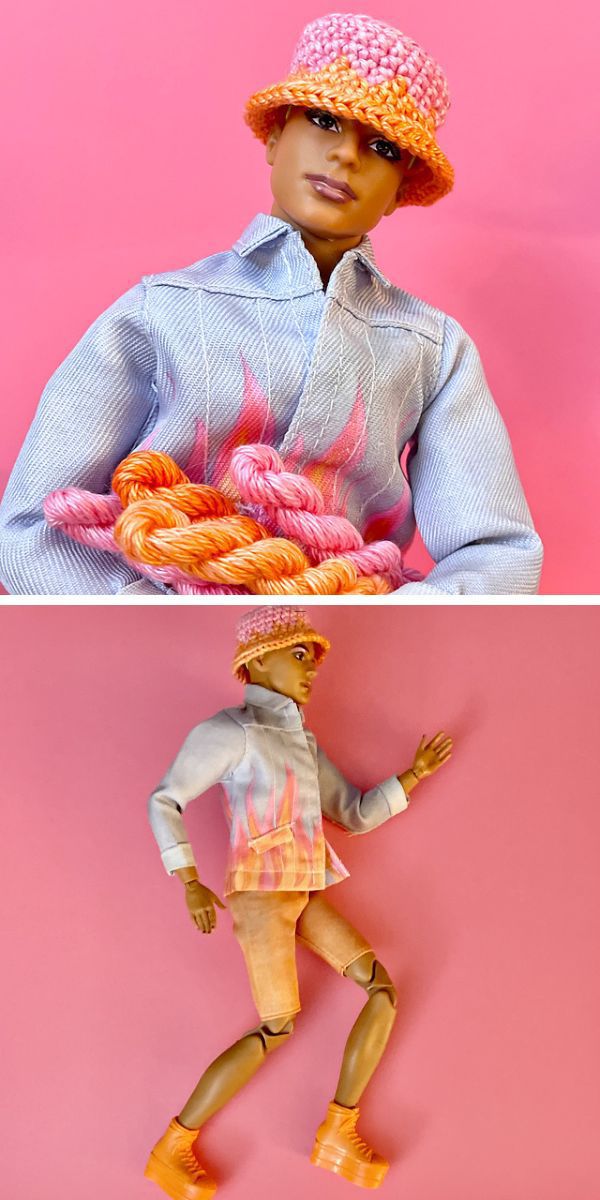 Two pictures of a doll wearing crochet clothes and a hat.