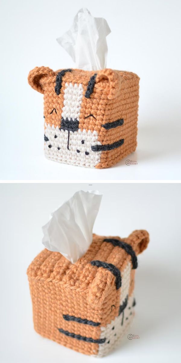 Two home pictures of a crocheted tiger tissue box.