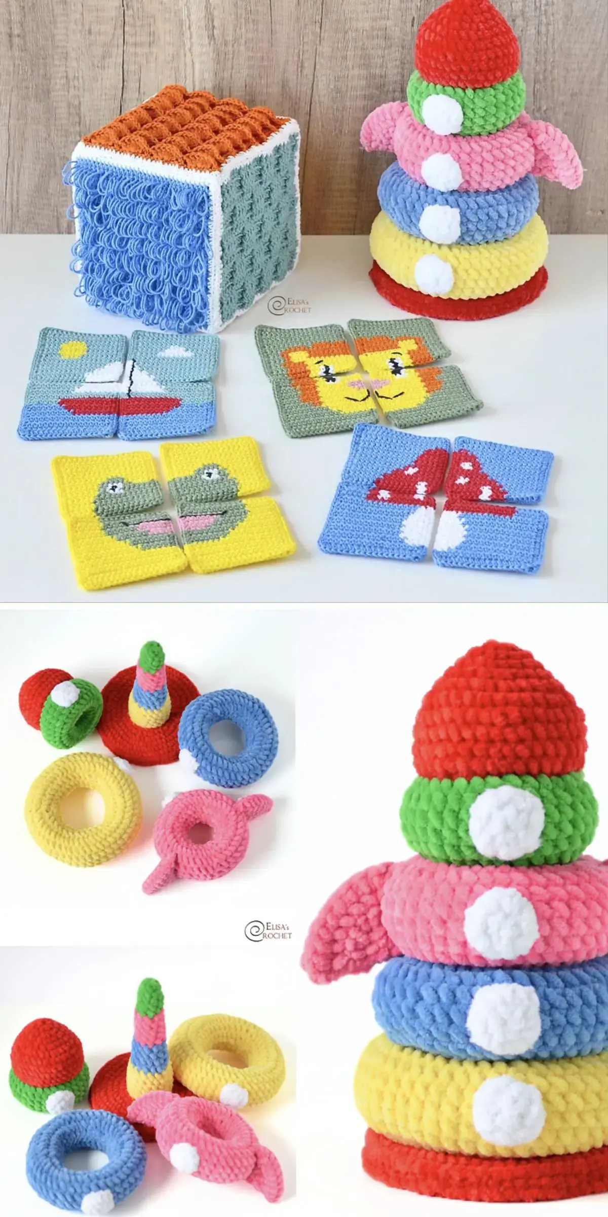 Crochet baby toys and puzzles grace the display, featuring colorful building rings, stacking toys, and adorable animal face puzzle pieces on a pristine white surface.