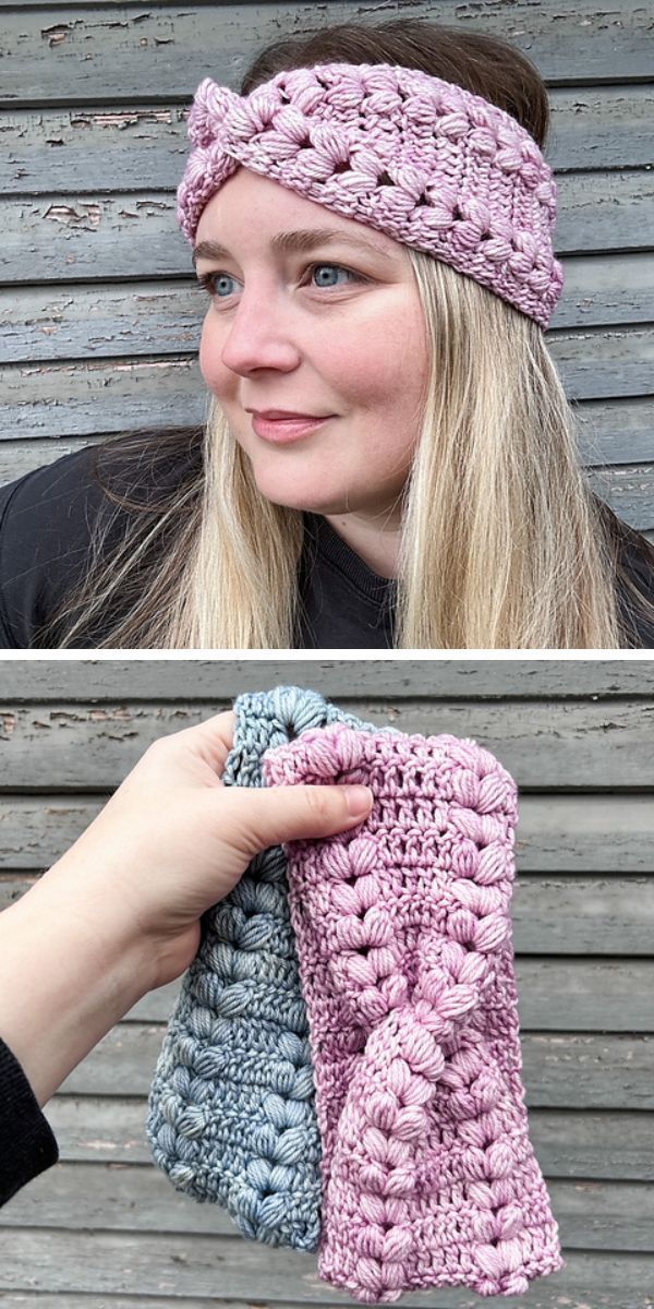     Two pictures of a woman holding a crochet headband or ear warmers.