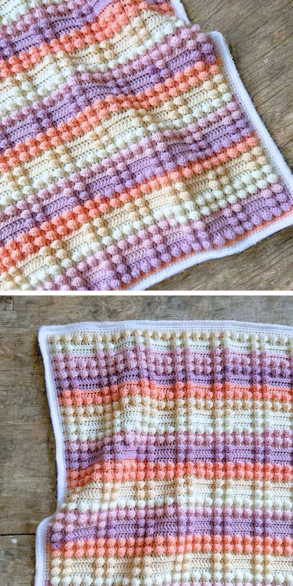 Two pictures of a bobble blanket on a wooden table.