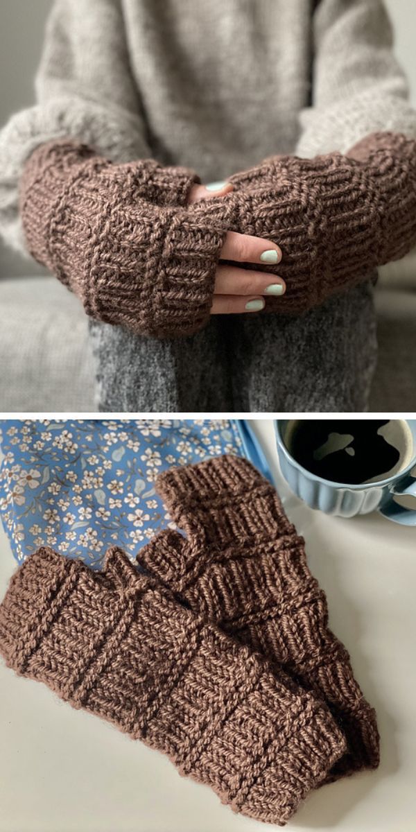 A pair of knitted mittens and a cup of coffee.