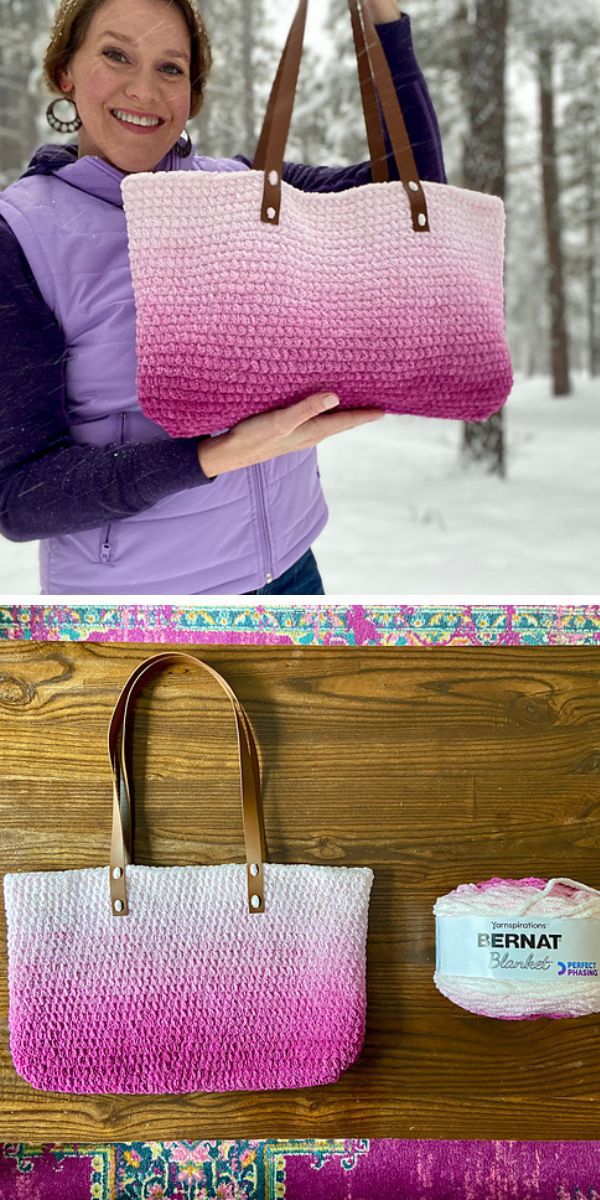 Two pictures of a woman holding an easy crocheted tote bag.