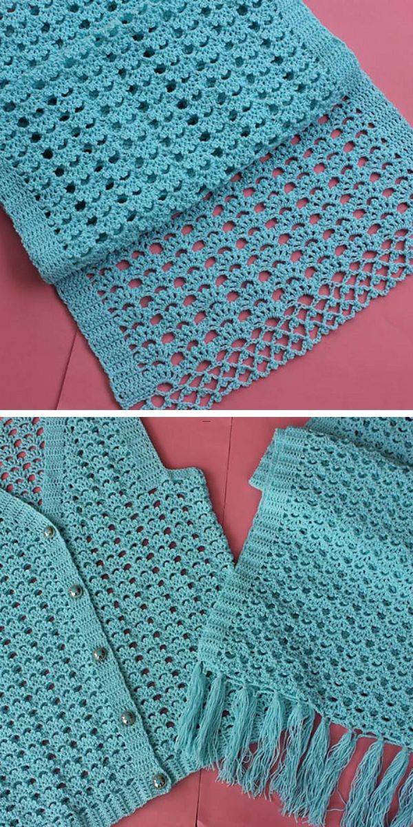 Two pictures of a blue crocheted vest with tassels.