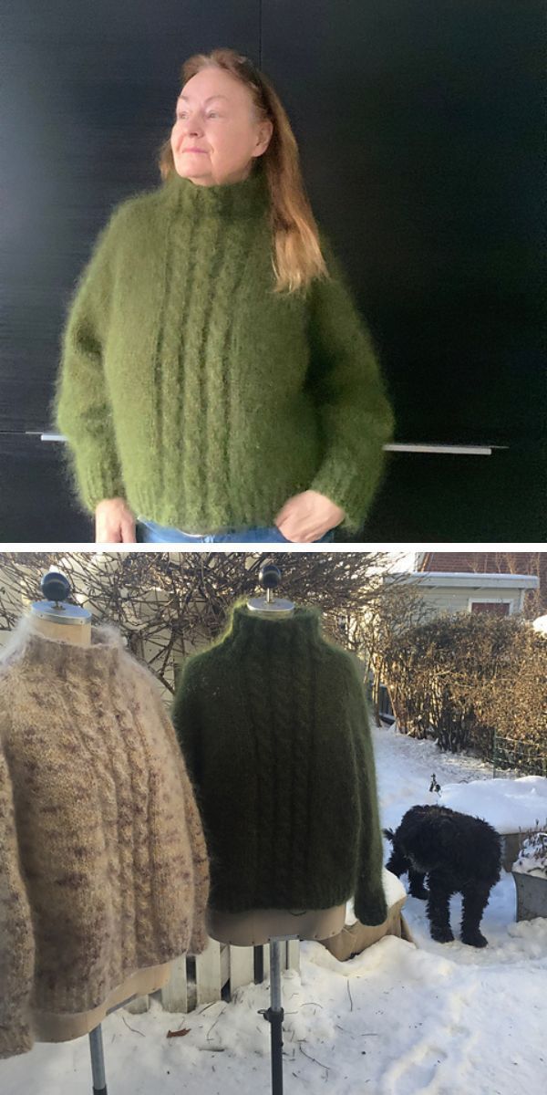 Two pictures of a woman wearing knitted sweaters.