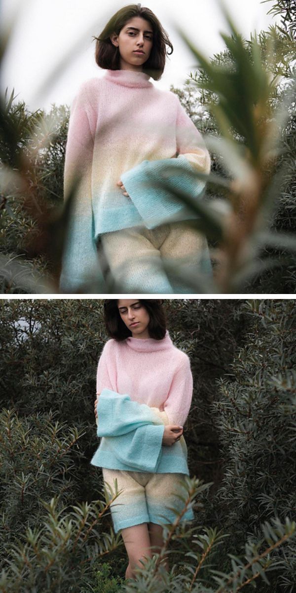 Two pictures of a woman in a knitted sweater and shorts.
