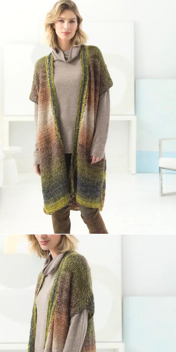 Two pictures of a woman wearing a long crochet cardigan.