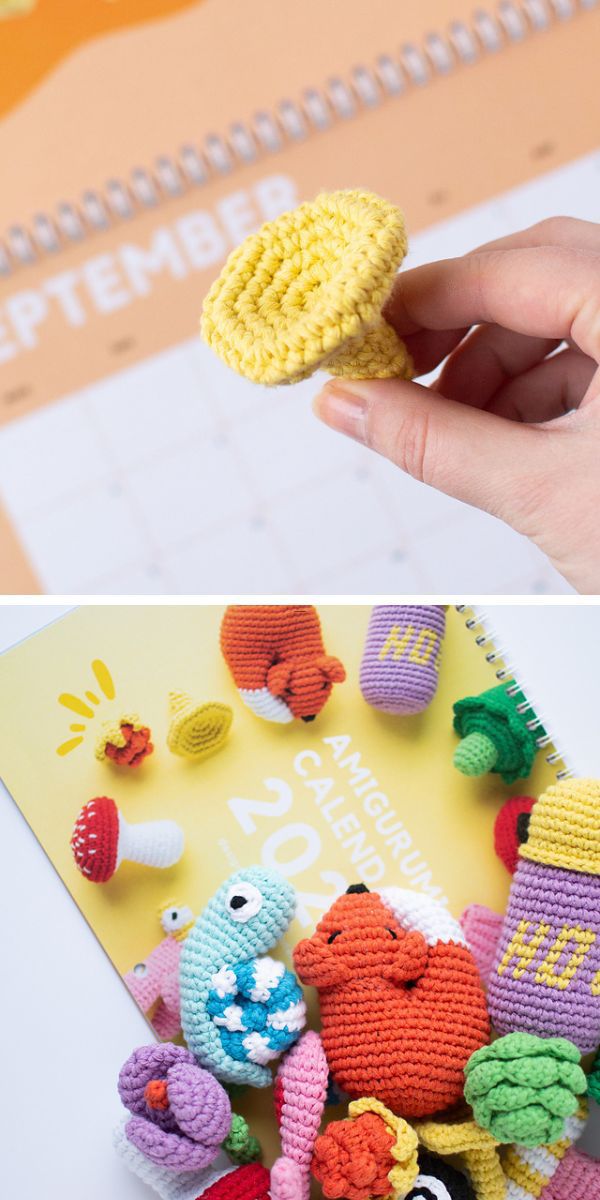 A person is holding a crocheted calendar featuring intricate designs of crochet mushrooms.