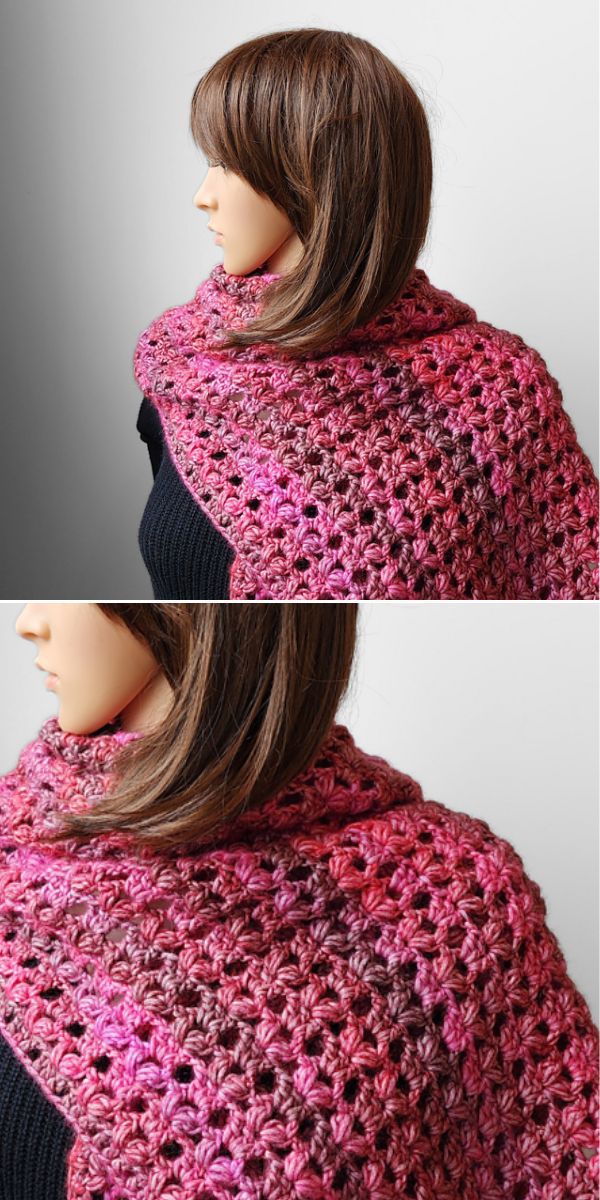 Two photos of a woman in a pink crocheted shawl.