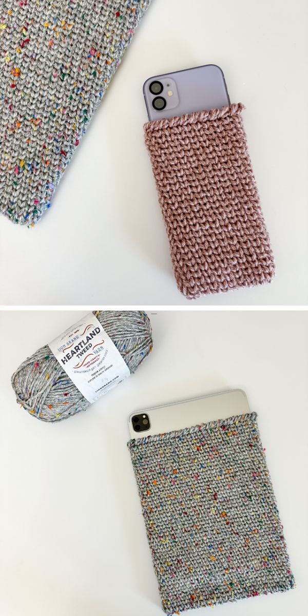 Two pictures of a knitted phone case and crochet pouch.