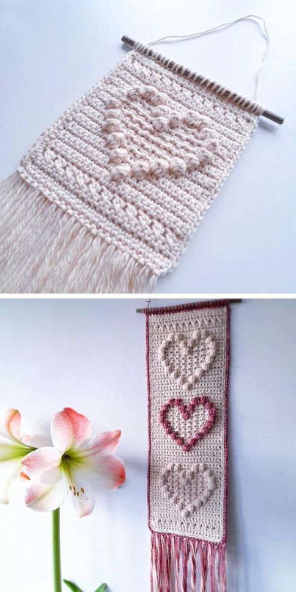 Two pictures of a crochet wall hanging and a flower.