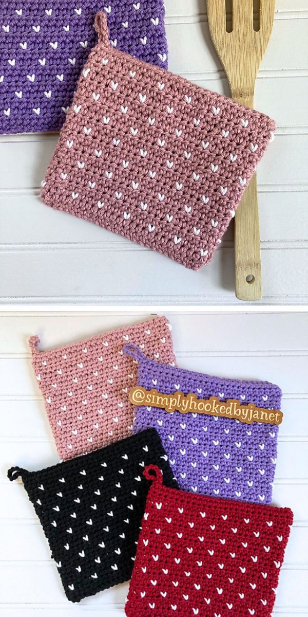 Crocheted pouches adorned with adorable crochet hearts.