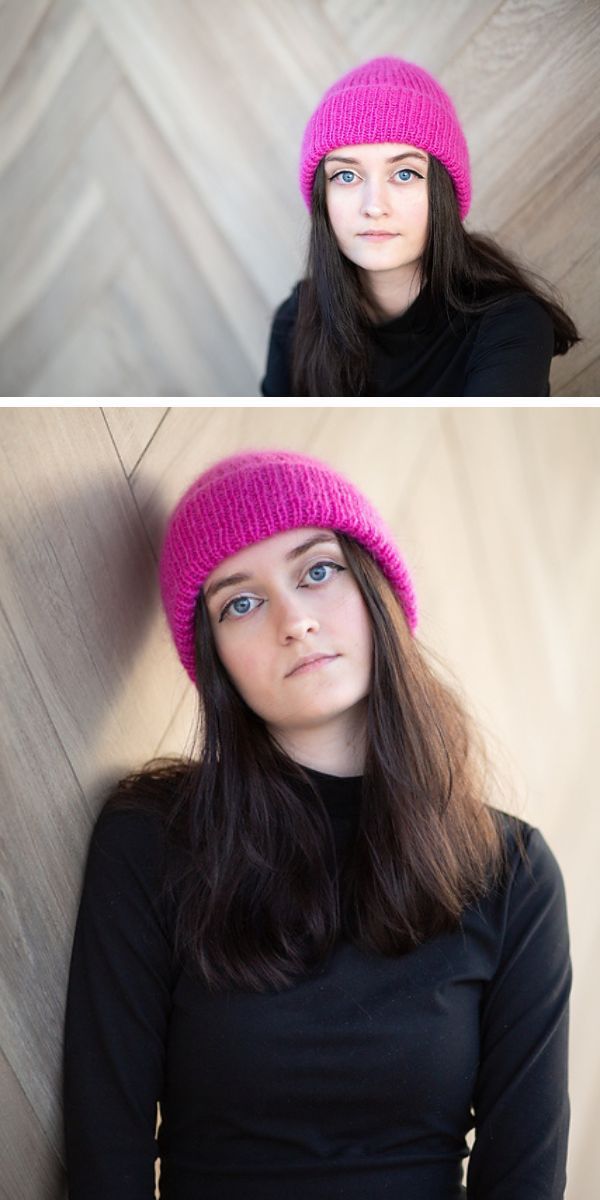 Two pictures of a woman wearing a pink beanie, a knitted hat.