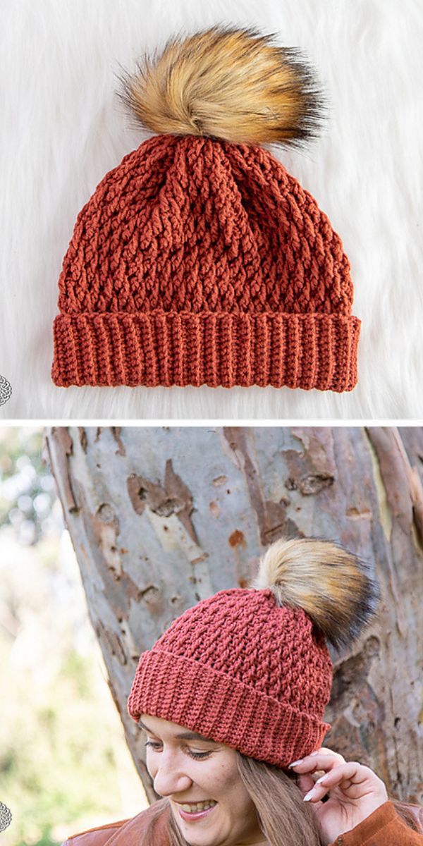 Two images of a woman in a crochet hat with a pom pom.