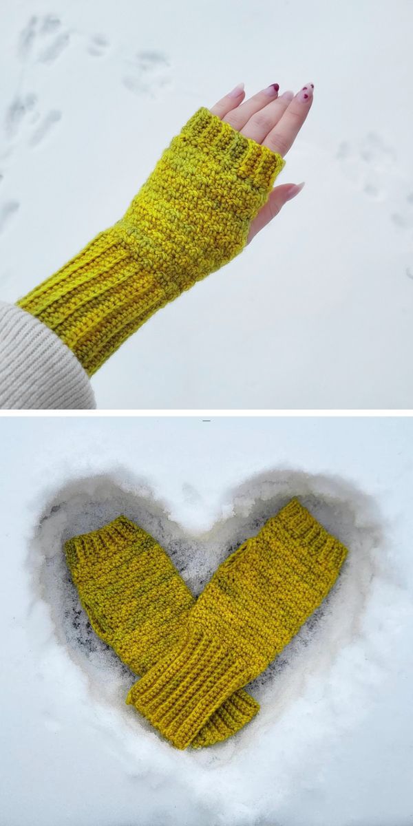 A pair of yellow crochet gloves in the snow.