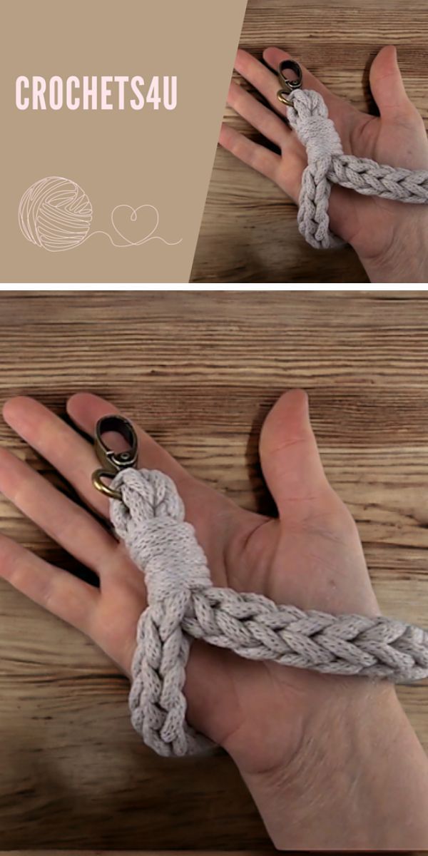 Two pictures of a person holding a crocheted rope keychain.